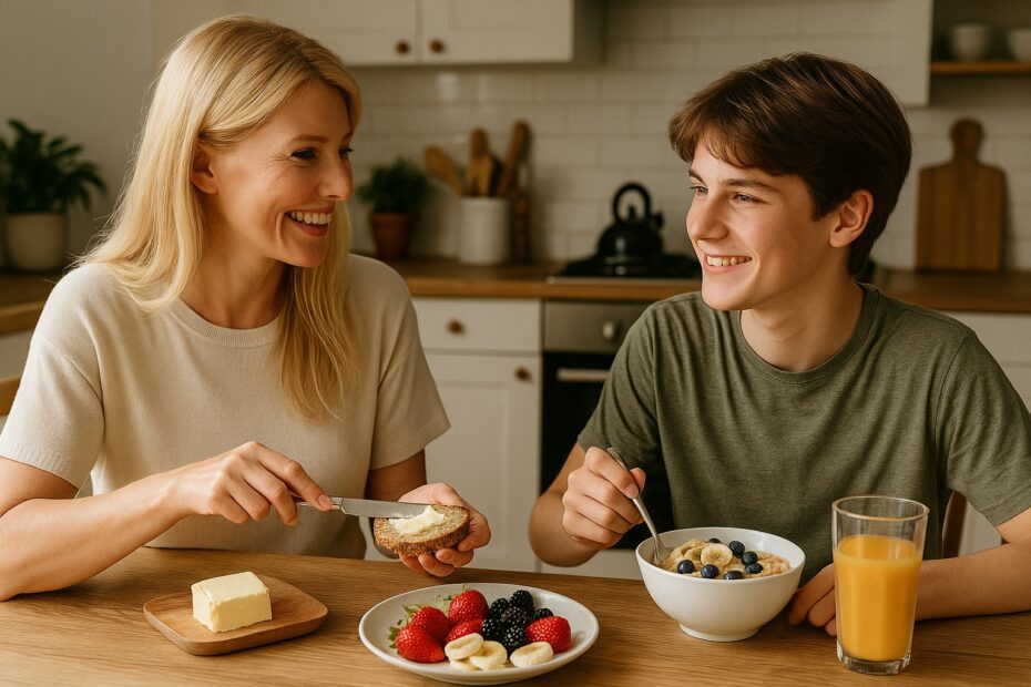 Mère et fils prenant un petit-déjeuner équilibré riche en vitamine B12, avec œufs, fruits, jus d’orange et céréales