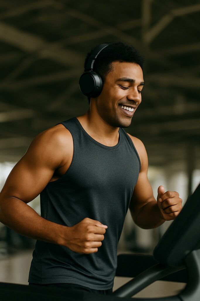 Un sportif court sur un tapis de course en écoutant sa musique préférée