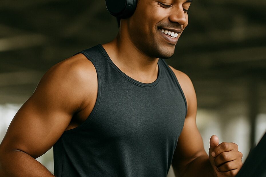 Un sportif court sur un tapis de course en écoutant sa musique préférée