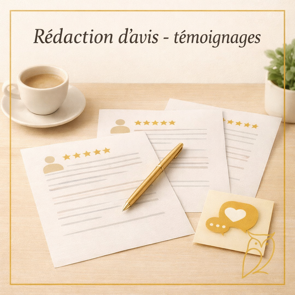 Prestations de rédaction d'avis et témoignages pour renforcer votre crédibilité avec d'authentiques retours clients.