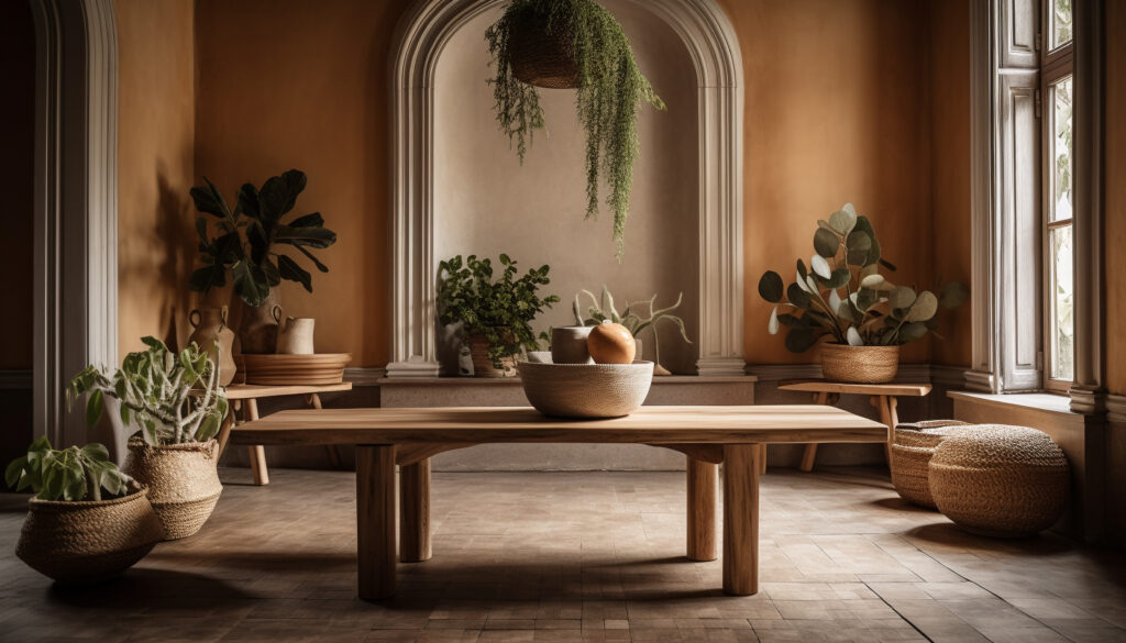 Salle à manger aux tons terracotta et bois naturel, ambiance chaleureuse.