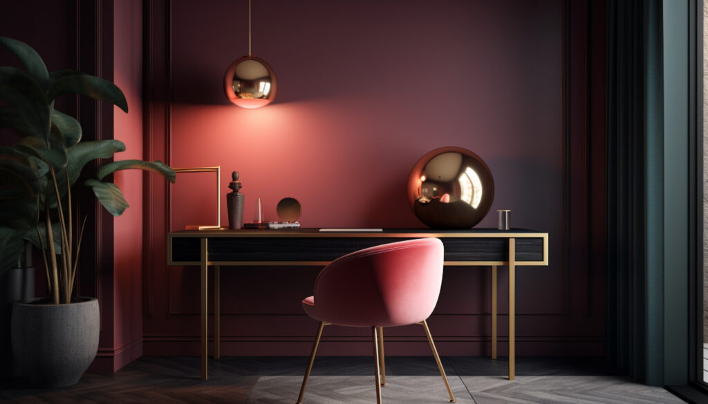 Table en bois sculptural au centre d’une pièce, végétal et accessoires artisanaux.