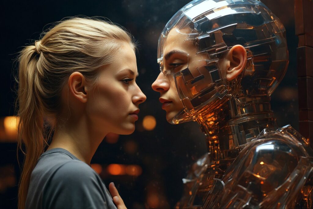 Portrait d’une rédactrice humaine regardant une intelligence artificielle humanoïde transparente, symbole du duel humain–IA.