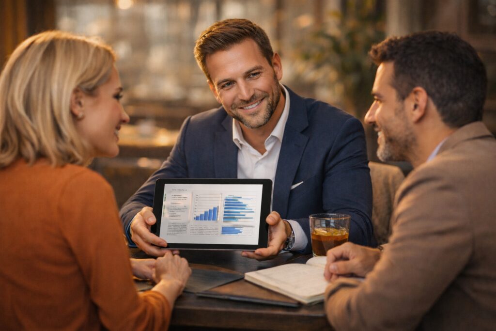 Commercial présentant des données sur tablette lors d’une réunion avec deux clients autour d’une table, illustrant la génération de leads grâce au blog d’entreprise