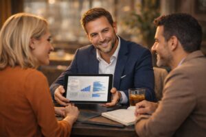 Commercial présentant des données sur tablette lors d’une réunion avec deux clients autour d’une table, illustrant la génération de leads grâce au blog d’entreprise