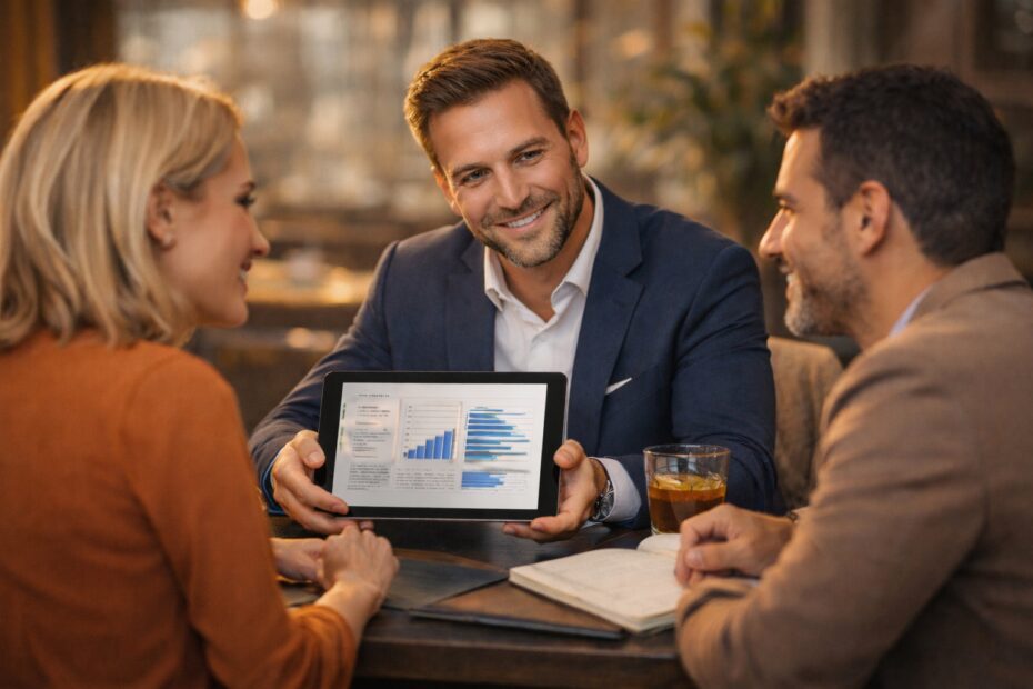 Commercial présentant des données sur tablette lors d’une réunion avec deux clients autour d’une table, illustrant la génération de leads grâce au blog d’entreprise