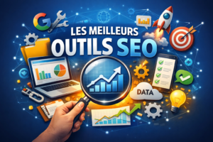 Illustration des outils SEO pour analyser et améliorer le référencement d’un site Web avec graphiques, mots-clés et stratégie digitale