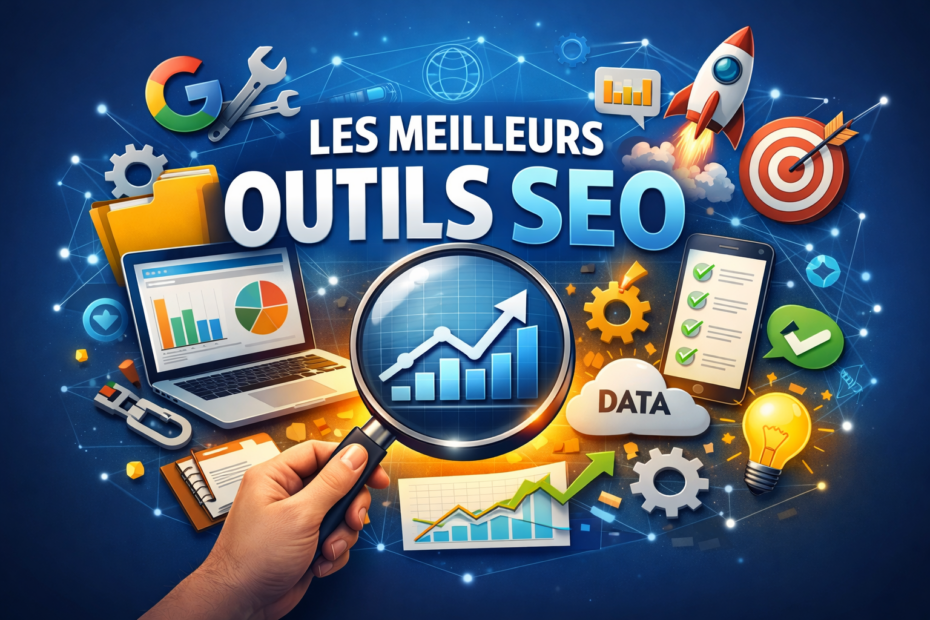 Illustration des outils SEO pour analyser et améliorer le référencement d’un site Web avec graphiques, mots-clés et stratégie digitale