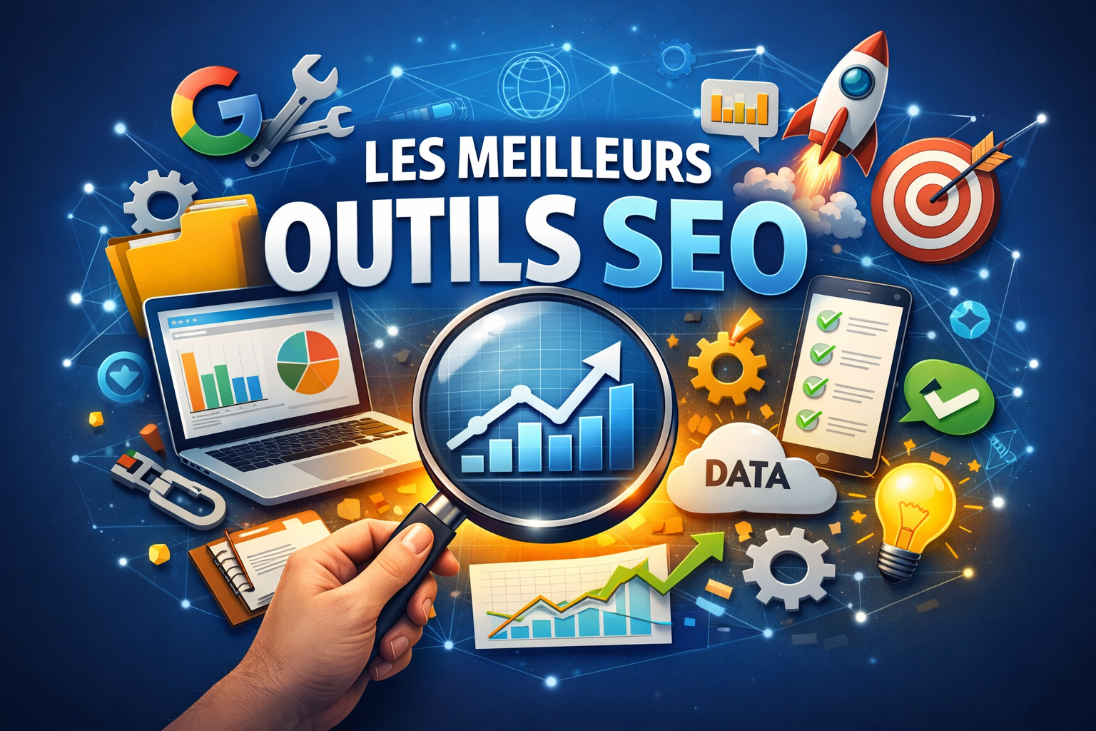 Illustration des outils SEO pour analyser et améliorer le référencement d’un site Web avec graphiques, mots-clés et stratégie digitale